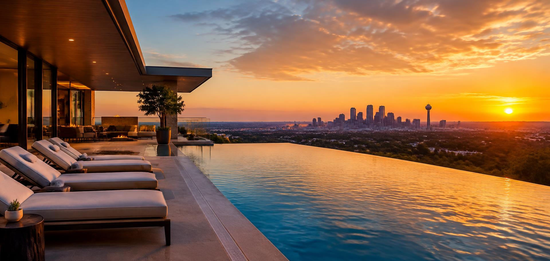 Infinity pool terrace overlooking the skyline at sunset